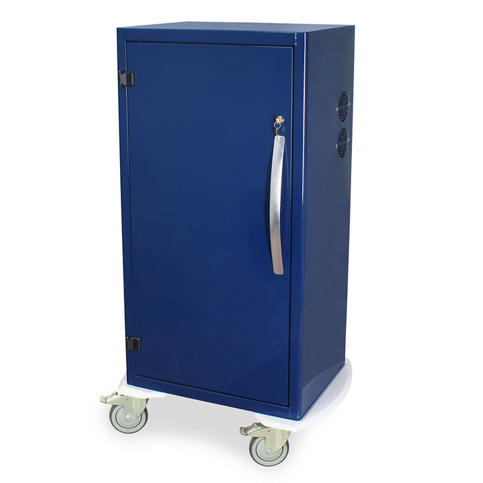 A blue metal cabinet stands on four wheels. It has a single door with a handle and lock. The cabinet sits on a white base.