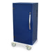 A blue metal cabinet stands on four wheels. It has a single door with a handle and lock. The cabinet sits on a white base.