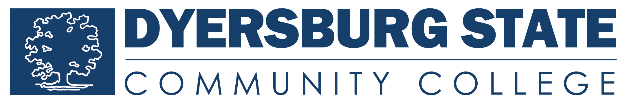 A logo displays “DYERSBURG STATE” above a line and “COMMUNITY COLLEGE” below it, all in navy blue text; a stylized white tree is to the left.