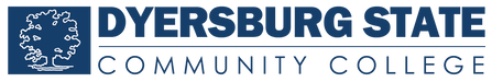 A logo displays “DYERSBURG STATE” above a line and “COMMUNITY COLLEGE” below it, all in navy blue text; a stylized white tree is to the left.