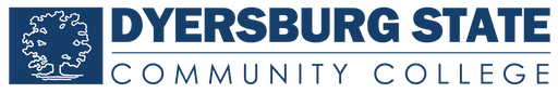 A logo displays “DYERSBURG STATE” above a line and “COMMUNITY COLLEGE” below it, all in navy blue text; a stylized white tree is to the left.