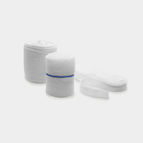 Two rolls of white gauze bandage, one with a blue band, sit on a plain background alongside a smaller, flattened roll.