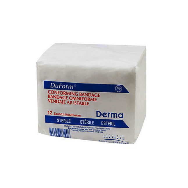 A package of DuForm conforming bandages sits on a surface. It contains 12 sterile bandages and is labeled in English, French, and Spanish.