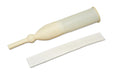A beige, bulb-tipped catheter rests beside a white adhesive strip on a white background.