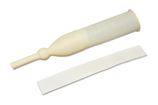 A beige, bulb-tipped catheter rests beside a white adhesive strip on a white background.
