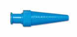 A light blue plastic connector extends, possibly for tubing. It features a ribbed body and a thicker end. The connector is isolated on a white background.