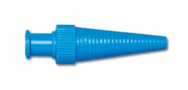A light blue plastic connector extends, possibly for tubing. It features a ribbed body and a thicker end. The connector is isolated on a white background.