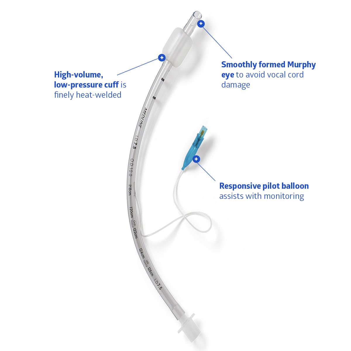 A transparent endotracheal tube, featuring a high-volume, low-pressure cuff and a responsive pilot balloon, is shown against a white background. The tube is labeled with measurements in centimeters. A smoothly formed Murphy eye is designed to prevent vocal cord damage.