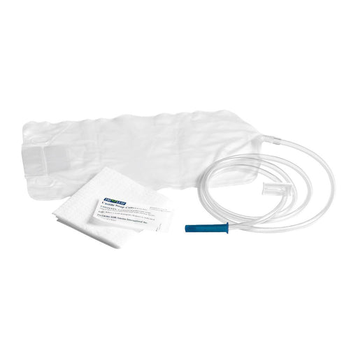 A medical device kit, containing tubing, a pouch, and small components, sits on a plain white background.