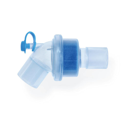 A clear plastic respiratory device, containing a blue filter, sits on a white background. It is angled, ready for use.