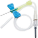 A winged infusion set lies coiled; its needle and tubing are ready for intravenous use.