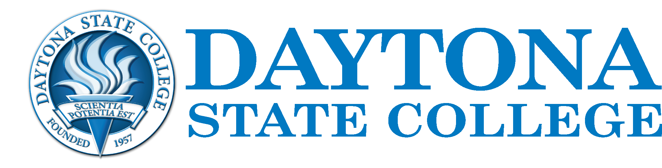 A circular logo displays a torch with text, “Daytona State College,” appears in large, bold blue letters. "Scientia Potentia Est" and "Founded 1957" are inscribed within the circular logo.
