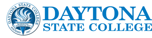 A circular logo displays a torch with text, “Daytona State College,” appears in large, bold blue letters. "Scientia Potentia Est" and "Founded 1957" are inscribed within the circular logo.
