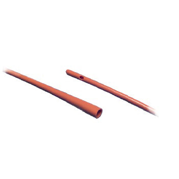Two pinkish-red, cylindrical catheters lie on a white background; one is slightly shorter and has a small hole near one end.
