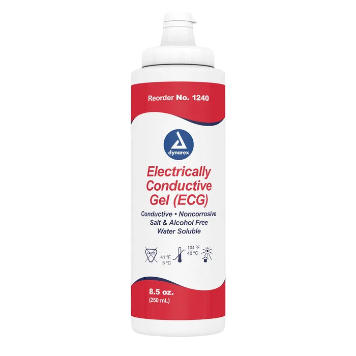 A bottle of electrically conductive gel sits on a white background. The label indicates it's for ECG use, noncorrosive, salt and alcohol-free, water-soluble, and has a reorder number of 1240.
