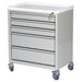 A light-grey, five-drawer rolling cart sits on a white background. The top is white. A key is in the lock.