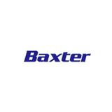 A white circle displays the word "Baxter" in a dark blue, stylized font.