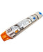 A beige auto-injector with orange end cap displays instructions for use; it lies on a white background.
