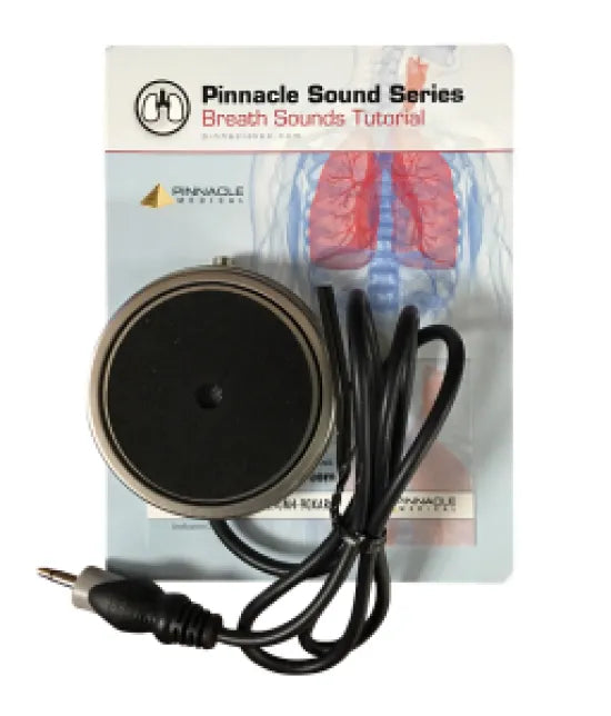 A round, black and silver device with a cord rests on packaging. The packaging depicts lungs and says "Pinnacle Sound Series Breath Sounds Tutorial."