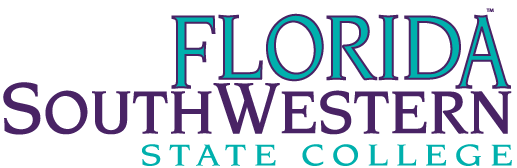 Text displays the name "FLORIDA SOUTHWESTERN STATE COLLEGE" in teal and purple lettering against a dark green background.
