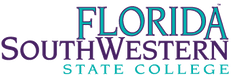 The text "FLORIDA SOUTHWESTERN STATE COLLEGE" is displayed; the words are stacked vertically, with "FLORIDA" at the top, in teal and purple lettering against a dark-green background.