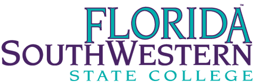 The text "FLORIDA SOUTHWESTERN STATE COLLEGE" is displayed; the words are stacked vertically, with "FLORIDA" at the top, in teal and purple lettering against a dark-green background.