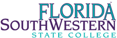 The text "FLORIDA SOUTHWESTERN STATE COLLEGE" is displayed; the words are stacked vertically, with "FLORIDA" at the top, in teal and purple lettering against a dark-green background.