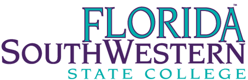 The text "FLORIDA SOUTHWESTERN STATE COLLEGE" is displayed; the words are stacked vertically, with "FLORIDA" at the top, in teal and purple lettering against a dark-green background.