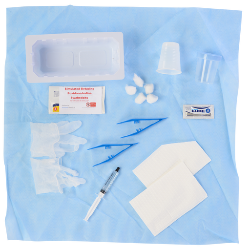 A medical kit containing various sterile supplies, including gauze, syringes, and other instruments, is laid out on a light blue surgical drape.
