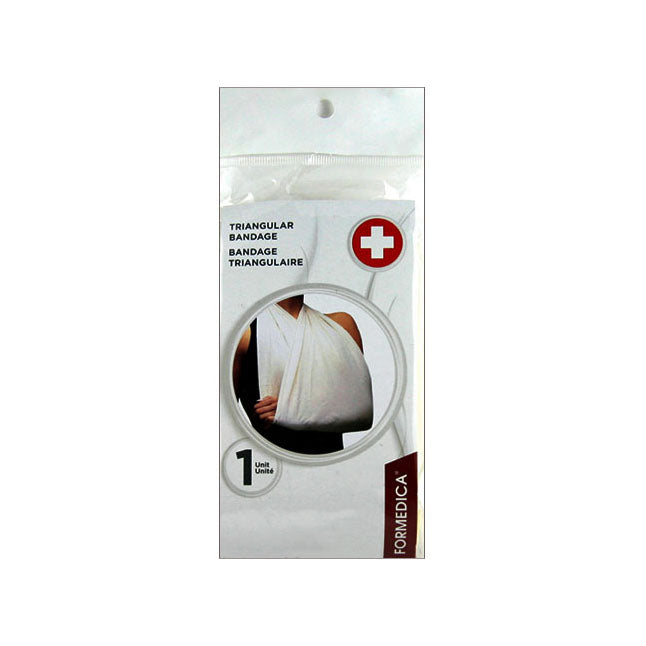 A triangular bandage is shown being applied to a person's arm, on a product package. The package also states: TRIANGULAR BANDAGE, BANDAGE TRIANGULAIRE. It includes a red cross symbol and indicates one unit. FORM Medica is printed on the bottom.