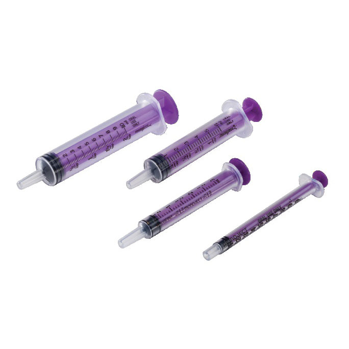 Four purple syringes of varying sizes are arranged on a plain white background.