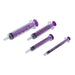 Four purple syringes of varying sizes are arranged on a plain white background.