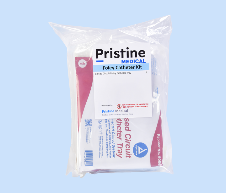 A Foley catheter kit, sealed in plastic packaging, sits against a light blue background. The kit includes a closed circuit catheter tray. The label indicates it's for training purposes only.