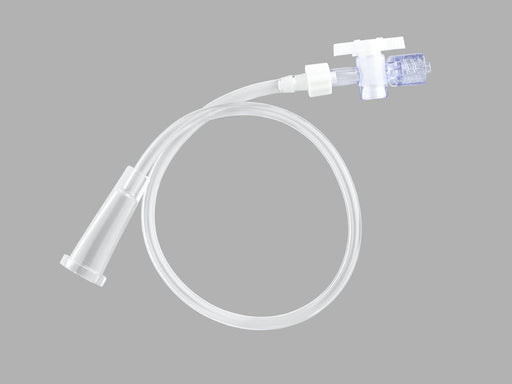 A white, flexible medical tube with two prongs at one end and a connector at the other, lies coiled against a plain grey background.