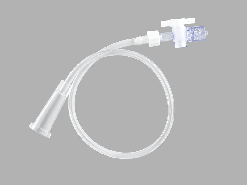 A white, flexible medical tube with two prongs at one end and a connector at the other, lies coiled against a plain grey background.