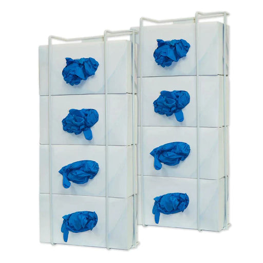 Two white wire racks hold stacks of boxes; blue nitrile gloves are displayed on each box.