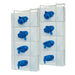 Two white wire racks hold stacks of boxes; blue nitrile gloves are displayed on each box.