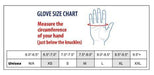 A glove size chart displays a hand with measured circumference, providing corresponding sizes (XS, S, M, L, XL, XXL) based on hand measurements in inches. "Measure the circumference of your hand just below the knuckles."