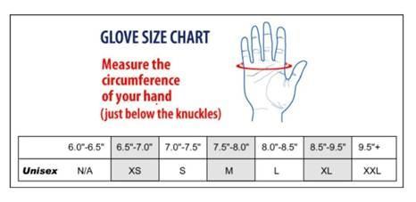 A glove size chart displays a hand with measured circumference, providing corresponding sizes (XS, S, M, L, XL, XXL) based on hand measurements in inches. "Measure the circumference of your hand just below the knuckles."
