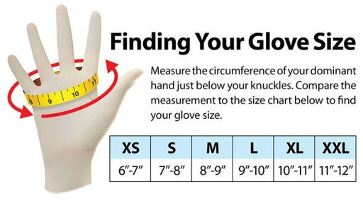 A hand is being measured with a tape measure to determine glove size. A chart provides corresponding measurements in inches for XS, S, M, L, XL, and XXL glove sizes. "Finding Your Glove Size" is the title.