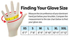 A hand is being measured with a tape measure to determine glove size. A chart provides corresponding measurements in inches for XS, S, M, L, XL, and XXL glove sizes. "Finding Your Glove Size" is the title.