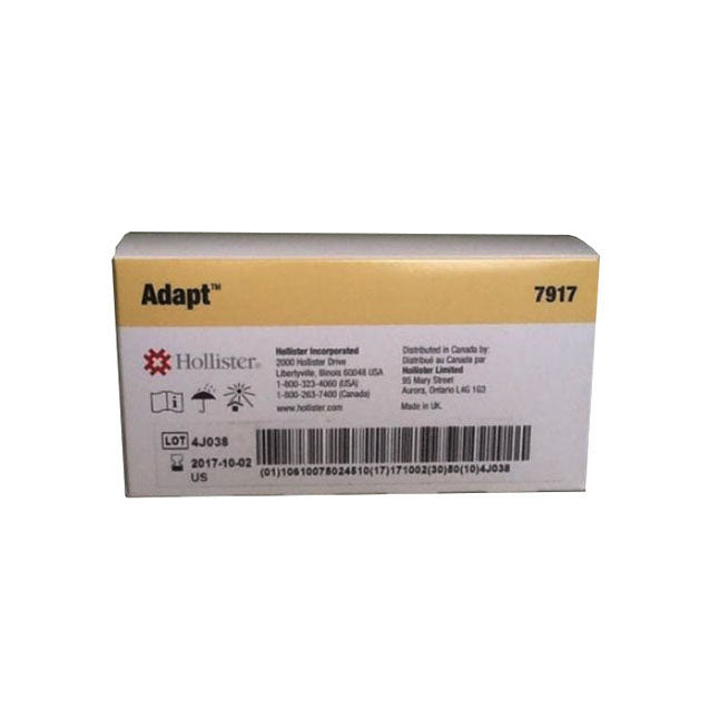 A Hollister Adapt™ product box sits on a surface. The box displays product information including lot number 4J038, a date of 2017-10-02, and product code 7917.