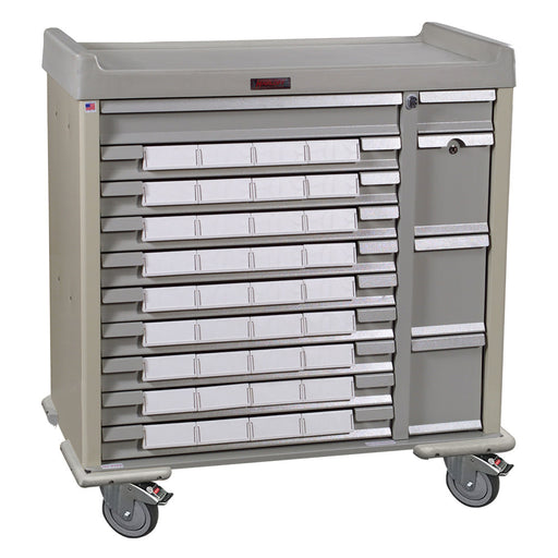 A tan medical cart with numerous small drawers sits on wheels. The cart is likely used for storage and transport within a medical facility.