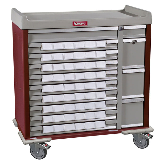 A Harloff medication cart sits on wheels. It has numerous small, labeled compartments and a larger side compartment.
