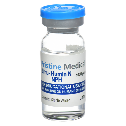 A glass vial containing a clear liquid sits against a black background. The vial is labeled “Pristine Medical Simu-Humin N NPH 100U per,” “FOR EDUCATIONAL USE ONLY, NOT FOR USE ON HUMANS OR ANIMALS,” and “Contents: Sterile Water U-100”.