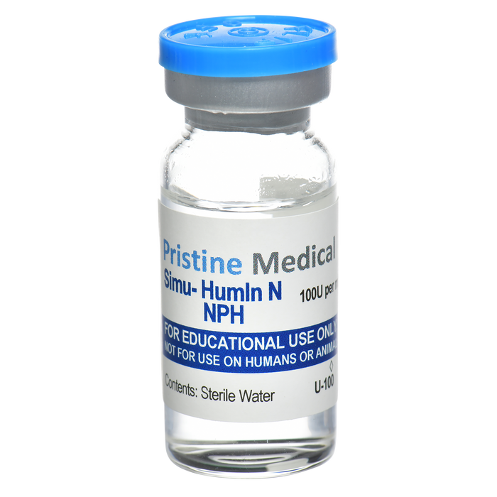 A glass vial containing a clear liquid sits against a black background. The vial is labeled “Pristine Medical Simu-Humin N NPH 100U per,” “FOR EDUCATIONAL USE ONLY, NOT FOR USE ON HUMANS OR ANIMALS,” and “Contents: Sterile Water U-100”.