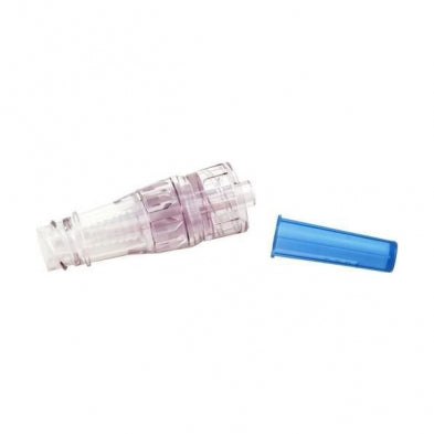 A translucent purple medical connector lies separated from a smaller blue component on a white background.