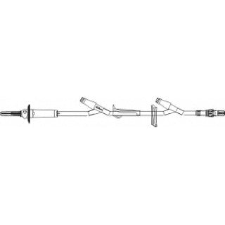 A medical intravenous (IV) catheter tubing set, with multiple ports and connectors, lies extended on a blank white background.