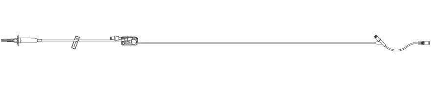 A long, thin intravenous (IV) tubing extends horizontally, featuring a needle at one end and a drip chamber in the middle; all is set against a plain white background.