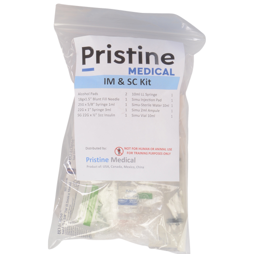 A Pristine Medical IM & SC kit, containing syringes, needles, alcohol pads, and simulated solutions, is sealed in a plastic bag; for training purposes only.